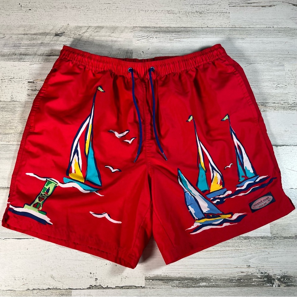 Vineyard Vines Red Sailing The Bay Brief Lined Swim Trunks Boardshort Size Large